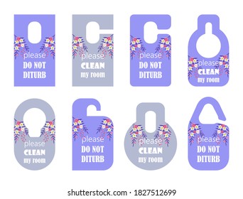 Door hangers set vector. Colorful paper, plastic, cardboard door lock cards with tropical flowers, leaves. Don't disturb, calm, and clean tags for apartments and room in hostel hotel, dorms.