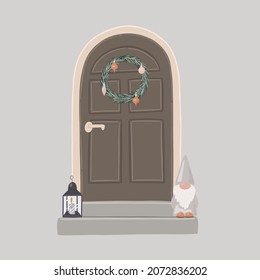 Door with hanging Christmas wreath, gnome, and light. Hand drawn vector illustration. 