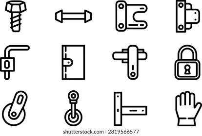 Door hardware and security lock outline icons. Black vector line symbols of a padlock, metal bolt, door hinge, handle, caster wheel, bracket, and a work glove.