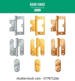 Door Hinge Vector. Set Classic And Industrial Ironmongery Isolated On White Background. Simple Entry Door Metal Hinge Icon. Stainless Steel, Copper, Bronze, Gold, Brass. Stock Illustration.