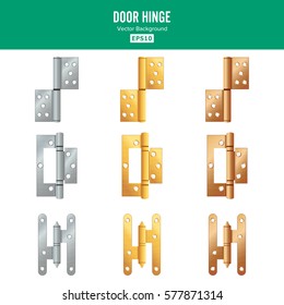 Door Hinge Vector. Set Classic And Industrial Ironmongery Isolated On White Background. Simple Entry Door Metal Hinge Icon. Stainless Steel, Copper, Bronze, Gold, Brass. Stock Illustration.
