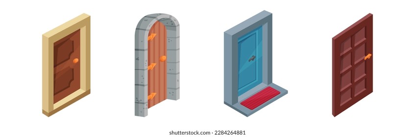 Door as Hinged Entry or Exit Isometric Vector Set