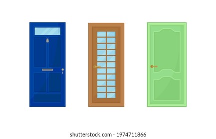 Door as Hinged Movable Barrier Used as Entrance in the Building Vector Set
