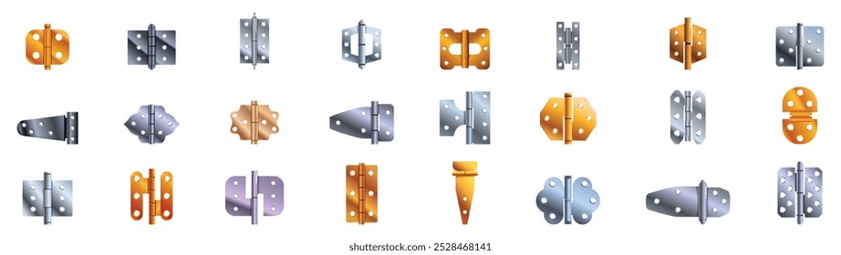 Türscharniere Symbole gesetzt. Sammlung von Metallscharnieren, die Teile von Möbeln, Fenstern, Türen, Luken, Deckeln, Klappwänden und anderen Gegenständen verbinden