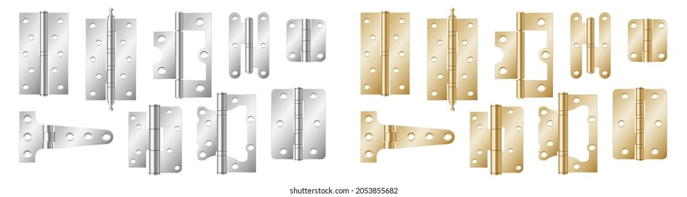 Door hinges realistic set. Classic industrial ironmongery golden and silver isolated on white background. Simple entry door metal hinge icon. 3d vector illustration