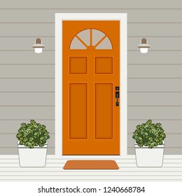 Door house face side design illustration vector in flat stile, building front facade of the entry 