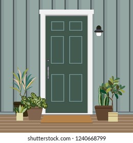 Door house face side design illustration vector in flat stile, building front facade of the entry 