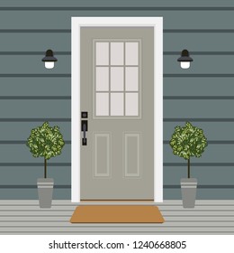 Door house face side design illustration vector in flat stile, building front facade of the entry 