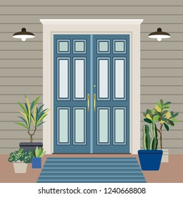 Door house face side design illustration vector in flat stile, building front facade of the entry 