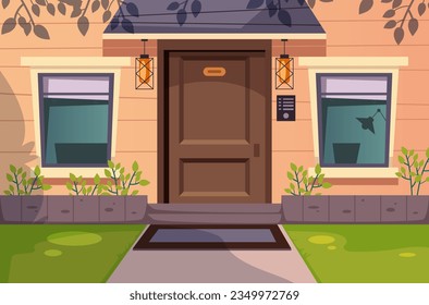 Door house wall front view facade street concept. Vector flat graphic design illustration