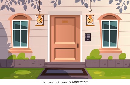 El concepto de calle de la fachada de la fachada de la casa de la puerta. Ilustración de diseño gráfico plano vectorial