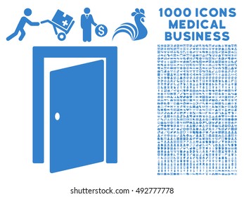 Door icon with 1000 medical commerce cobalt vector pictographs. Collection style is flat symbols, white background.