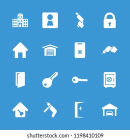 Door icon. collection of 16 door filled icons such as woman wc, house building, lock, safe, key, hospital building, home key, garage. editable door icons for web and mobile.