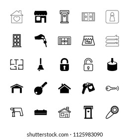 Door icon. collection of 25 door filled and outline icons such as barn, garage, heart key, shop, hand with key, bell, house building. editable door icons for web and mobile.