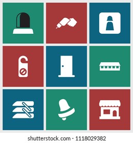 Door icon. collection of 9 door filled icons such as barn, bell, do not disturb, blinds, store, man wc. editable door icons for web and mobile.