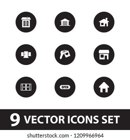 Door icon. collection of 9 door filled icons such as house building, heart key, shop, garage, open. editable door icons for web and mobile.