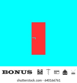 Door icon flat. Red pictogram on blue background. Vector illustration symbol and bonus buttons Music center, corkscrew, credit card, house, drum