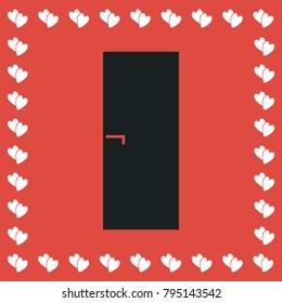 Door icon flat. Simple black pictogram on red background with white hearts for valentines day. Vector illustration symbol