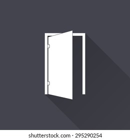 Door icon with a long shadow on a black background. Vector illustration.