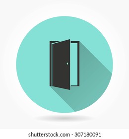 Door icon with a long shadow. Vector illustration.