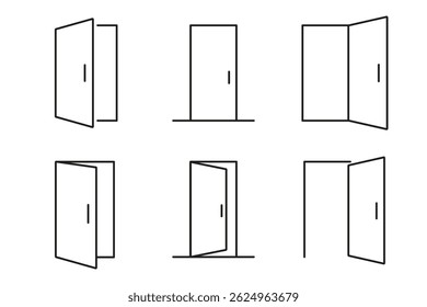 Door icon. Open door icon set. Entrance symbol. Door with handle line design. 