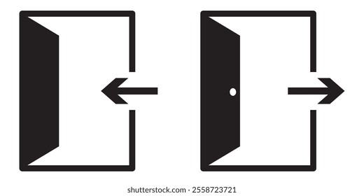 Door icon. Open door sign set. Exit and enter with arrow symbol. Vector isolated on white background. 