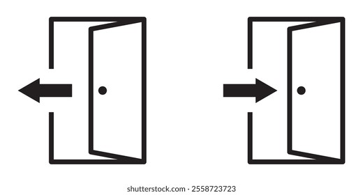 Door icon. Open door sign set. Exit and enter with arrow symbol. Vector isolated on white background. 