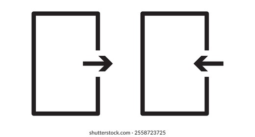 Door icon. Open door sign set. Exit and enter with arrow symbol. Vector isolated on white background. 