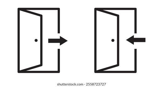 Door icon. Open door sign set. Exit and enter with arrow symbol. Vector isolated on white background. 