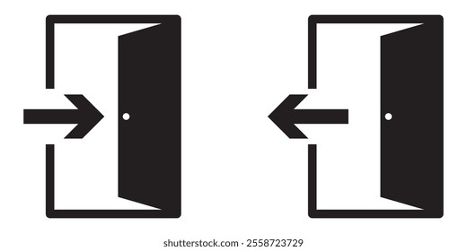 Door icon. Open door sign set. Exit and enter with arrow symbol. Vector isolated on white background. 