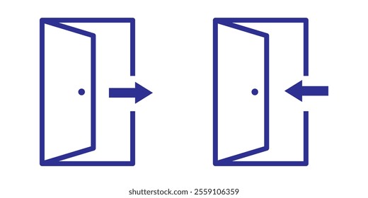 Door icon. Open door sign set. Exit and enter with arrow symbol. Vector isolated on white background.