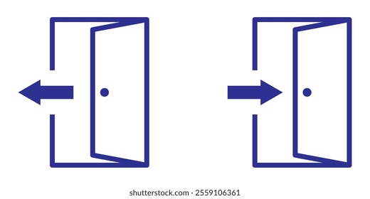 Door icon. Open door sign set. Exit and enter with arrow symbol. Vector isolated on white background.