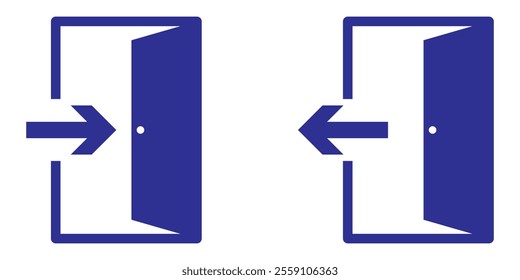 Door icon. Open door sign set. Exit and enter with arrow symbol. Vector isolated on white background.