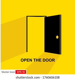 Door icon opens. Vector illustration in a flat, isolated design with a yellow background.