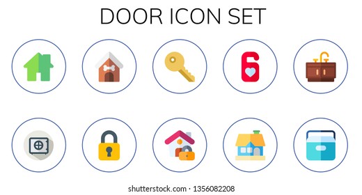 Door Icon Set. 10 Flat Door Icons.  Simple Modern Icons About  - Home, Safebox, Dog House, Lock, Key, Do Not Disturb, Cottage, Bathroom, Portable Fridge