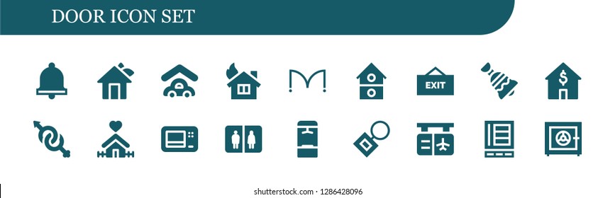  door icon set. 18 filled door icons. Simple modern icons about  - Bell, House, Garage, Doors, Exit, Gender, Home, Microwave, Bathroom, Locker, Key chain, Gate, Refrigerator, Safe box