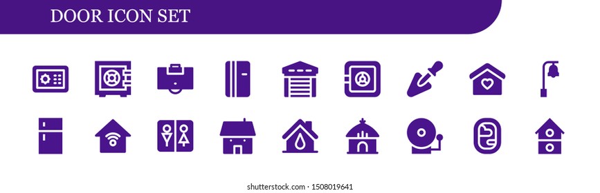door icon set. 18 filled door icons.  Collection Of - Safebox, Area, Refrigerator, Garage, Safe box, Trowel, Home, Bell, Fridge, Smart house, Wc, House, Hut, Alarm bell icons