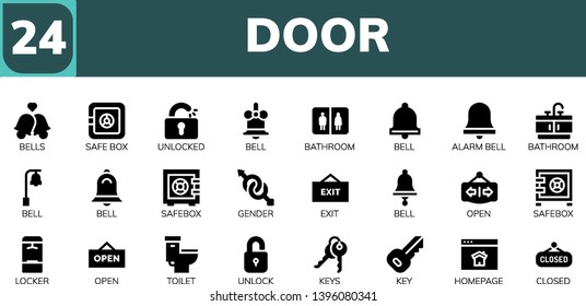 door icon set. 24 filled door icons.  Simple modern icons about  - Bells, Safe box, Unlocked, Bell, Bathroom, Alarm bell, Safebox, Gender, Exit, Open, Locker, Toilet, Unlock, Keys