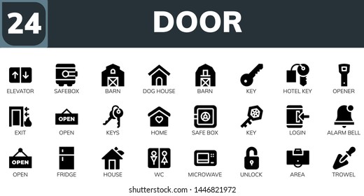 Door Icon Set. 24 Filled Door Icons.  Collection Of - Elevator, Safebox, Barn, Dog House, Key, Hotel Key, Opener, Exit, Open, Keys, Home, Safe Box, Login, Alarm Bell, Fridge, House