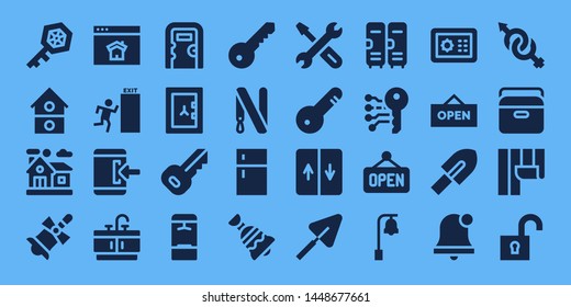 door icon set. 32 filled door icons. on blue background style Simple modern icons about  - Key, House, Home, Bell, Homepage, Exit, Login, Bathroom, Public toilet, Safebox, Locker