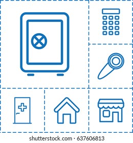 Door icon. set of 6 door outline icons such as aid post, house building, safe, shop, intercom