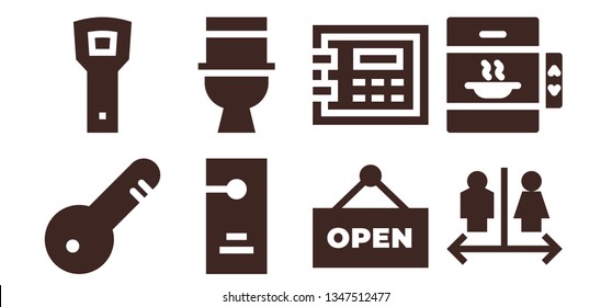 door icon set. 8 filled door icons.  Collection Of - Door key, Opener, hanger, Toilet, Open, Safebox, Wc, Elevator