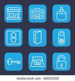 Door icon. set of 9 outline door icons such as man wc, opened lock, door, do not disturb, hospital building, shop, key, entrance