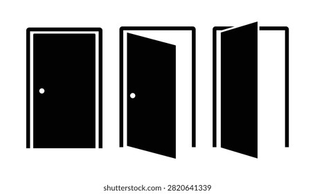 Door Icon Set. Closed, Partially Open, and Wide Open Progressive States for Real Estate Floor Plans, Emergency Exit Wayfinding, Login Logout Actions concept