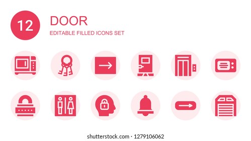 door icon set. Collection of 12 filled door icons included Microwave, Keys, Emergency, Door, Elevator, Lock, Toilet, Bell, Exit, Garage