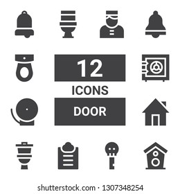 door icon set. Collection of 12 filled door icons included House, Key, Guest list, Toilet, Home, Bell, Safe box, Bellboy