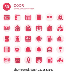 Door Icon Set. Collection Of 30 Filled Door Icons Included Key Card, Door Handle, Keypad, Fridge, Entrance, Safebox, Home, Dog House, Door, Bell, Elevator, Ringer, Garage, Lock