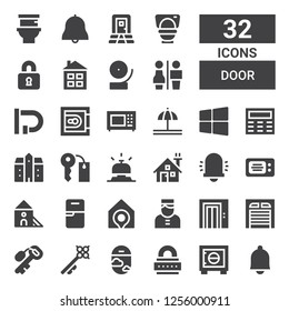 door icon set. Collection of 32 filled door icons included Bell, Safebox, Lock, Window, Key, Garage, Elevator, Bellboy, Home, Fridge, Indoor, Microwave, House, Keys, Mansion, Keypad