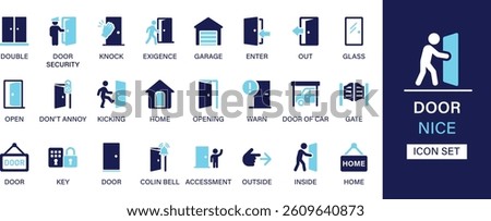 Door icon set collection. double, door security, knock, exigency, garage, enter, glass door, don't annoy, home, gate, key and best solid icon set.