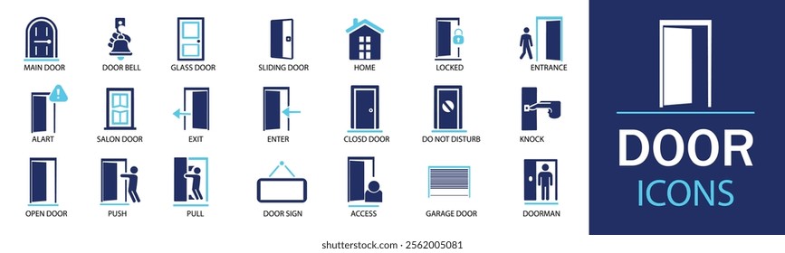 Door icon set. Containing enter, exit, doorbell, knock, open door, home, closed door, pull and push symbol. Solid icons vector collection